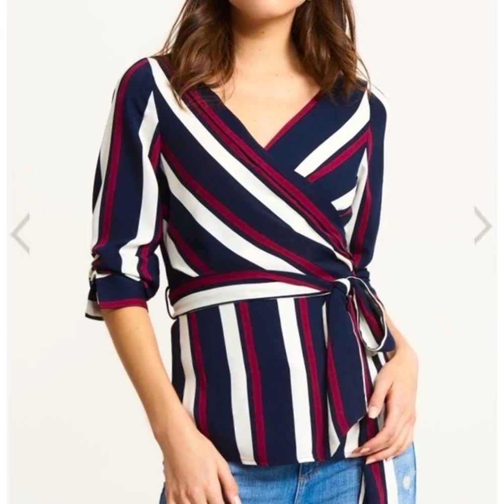 Dynamite - Striped Wrap Blouse V-Neck